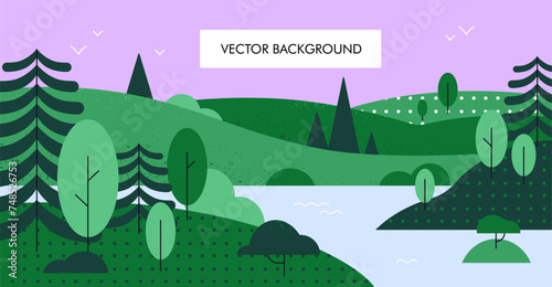 Nature landscape background. Countryside scenery, green hills, grass and tree...