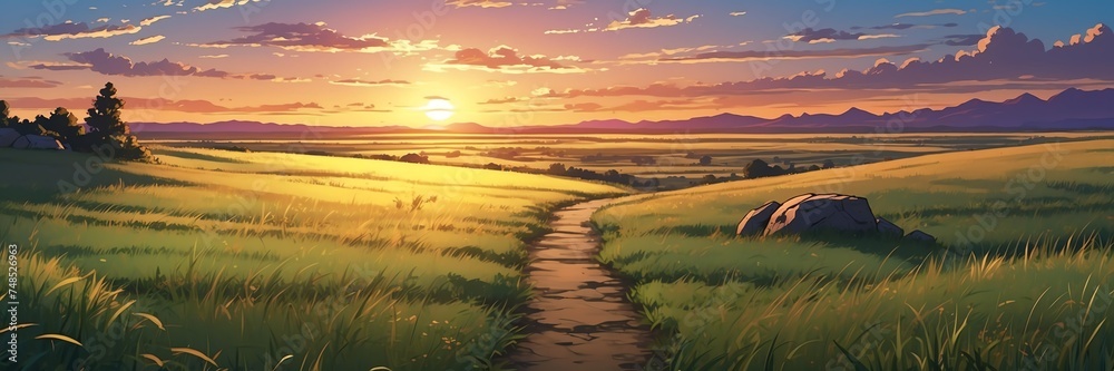 Wide angle animation anime panoramic landscape of prairie grasslands with walkway at sunset from Generative AI