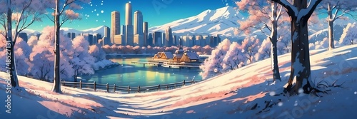 Wide angle animation anime panoramic landscape of winter from Generative AI