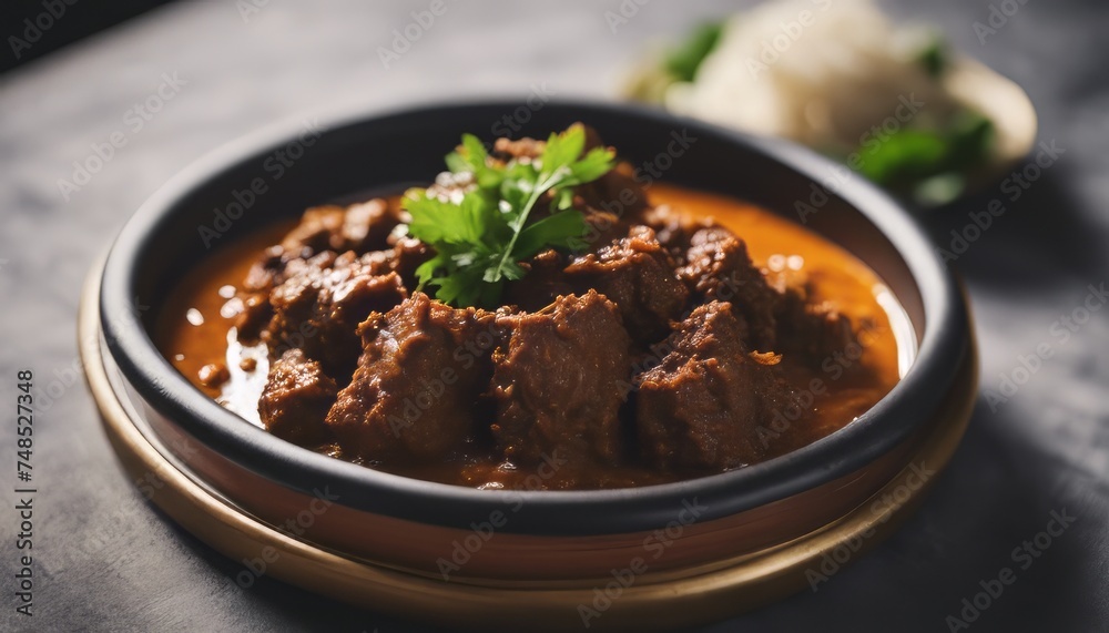 view of aesthetic beef rendang with some garnish on top image background view of aesthetic beef rendang with some garnish on top image background