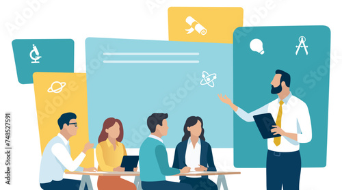 School, education, learning. Vector illustration. Pupils listens to the teacher.
