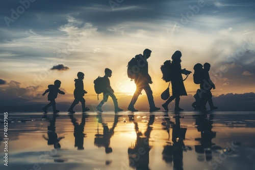 Silhouette of a family walking with backpacks at sunset on International Migrant Workers' Day. photo