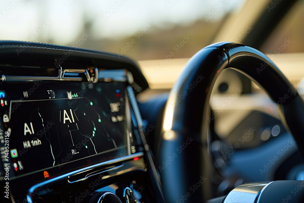 The dashboard of a car lights up with the word AI.