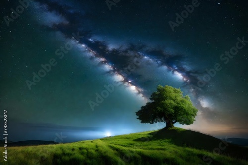 Time lapse growing tree on a hill with grass on the background of the Milky Way