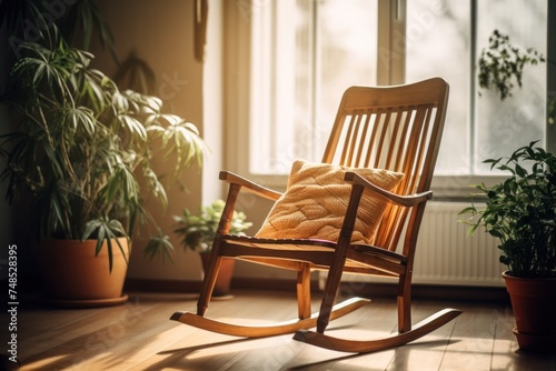 A wooden rocking chair sat in the room. Suitable for interior home decoration. © ORG