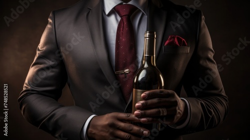Close-up of a black man in a suit holding a wine bottle