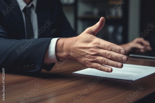 Male businessman's hand in a suit introduces contract and customer's hand photo