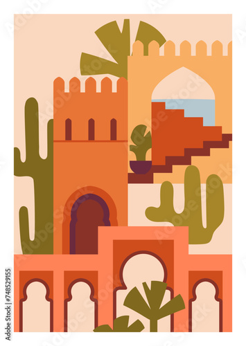 Morocco, Marrakech poster. Moroccan Berber architecture, framed card backgrou...