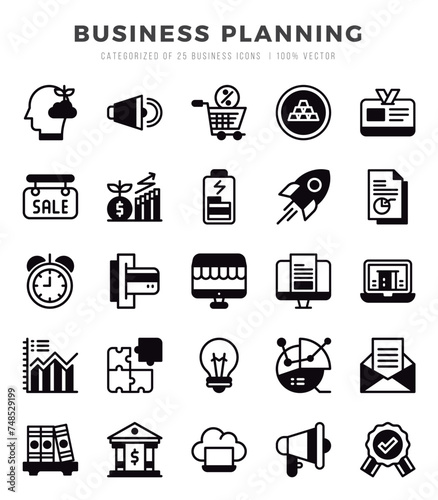 Collection of Business Planning 25 Lineal Filled Icons Pack.