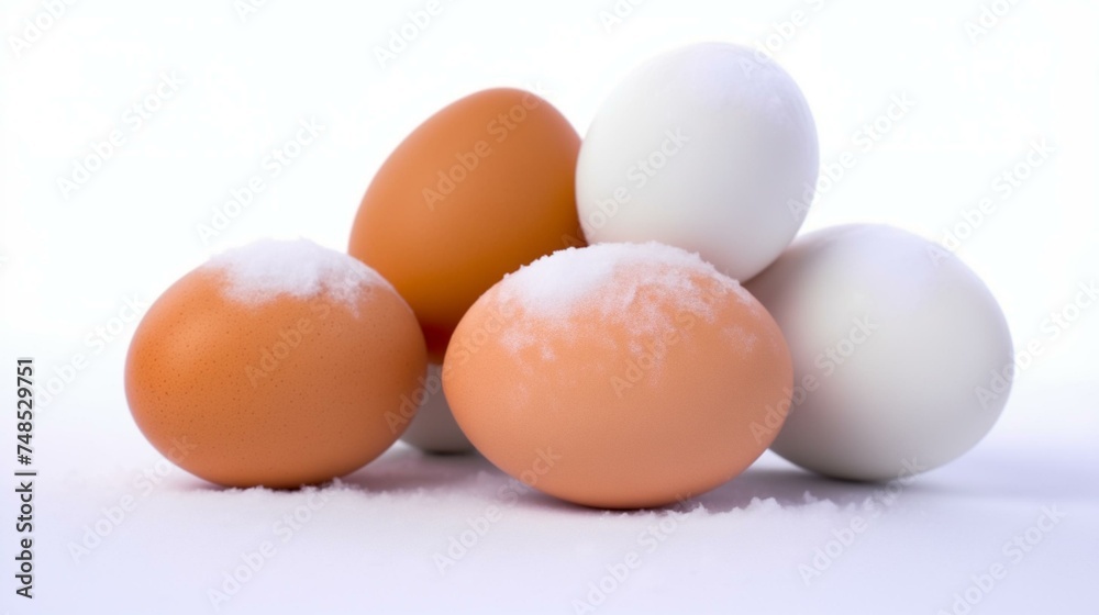 Fresh Brown and White Eggs Dusting with Snowflakes on White Background Fresh Brown and White Eggs Dusting with Snowflakes on White Background