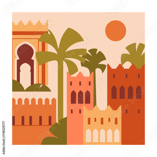 Moroccan card. Morocco building, arches, Marrakech Berber architecture. Sun a...