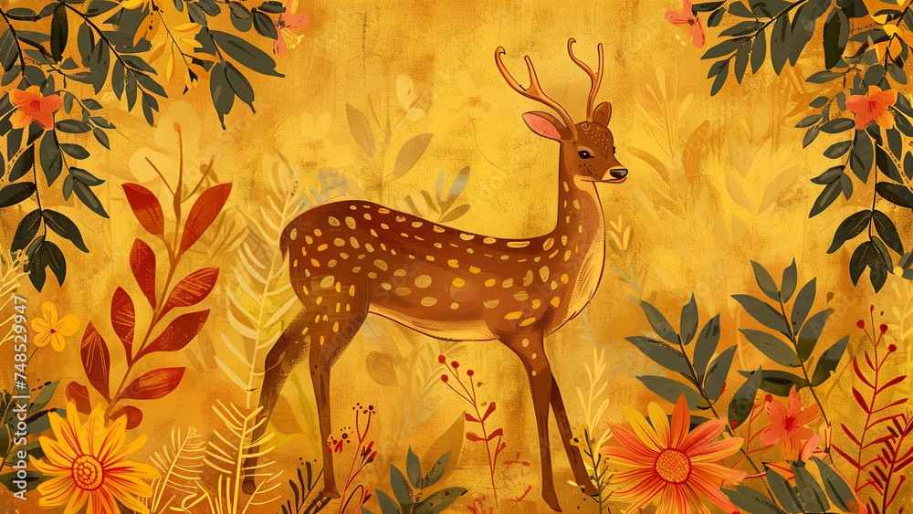 Golden Wilderness: Traditional Art of a Deer in an Indian Jungle with Modal Floral Background Golden Wilderness: Traditional Art of a Deer in an Indian Jungle with Modal Floral Background