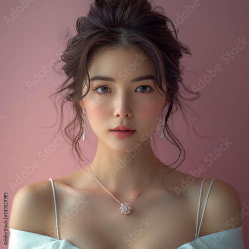 beautiful asian woman in pink dress with bokeh background