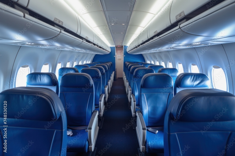 Inside the empty cabin of the plane were blue airline seats. Inside the empty cabin of the plane were blue airline seats.