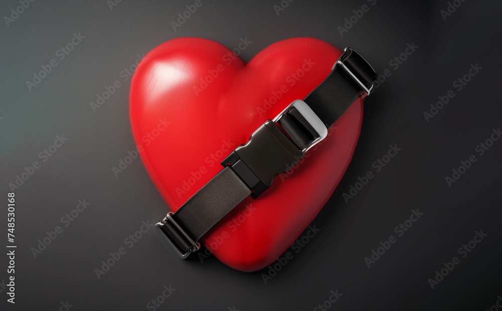 Red heart with belt on black background