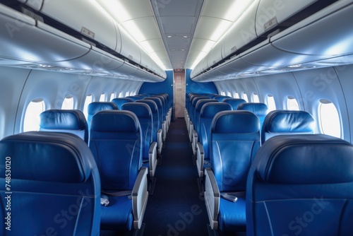 Inside the empty cabin of the plane were blue airline seats.