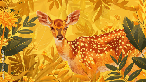 Sunlit Serenity: A Deer Amidst the Yellow Hues of an Indian Jungle and Floral Patterns