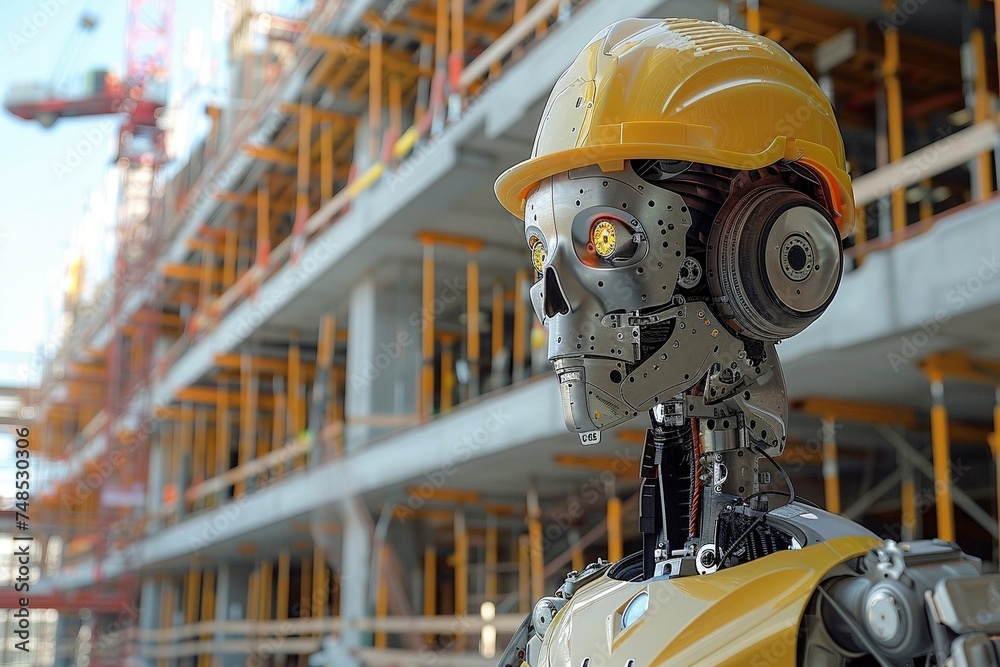 Futuristic robot working on construction site Futuristic robot working on construction site