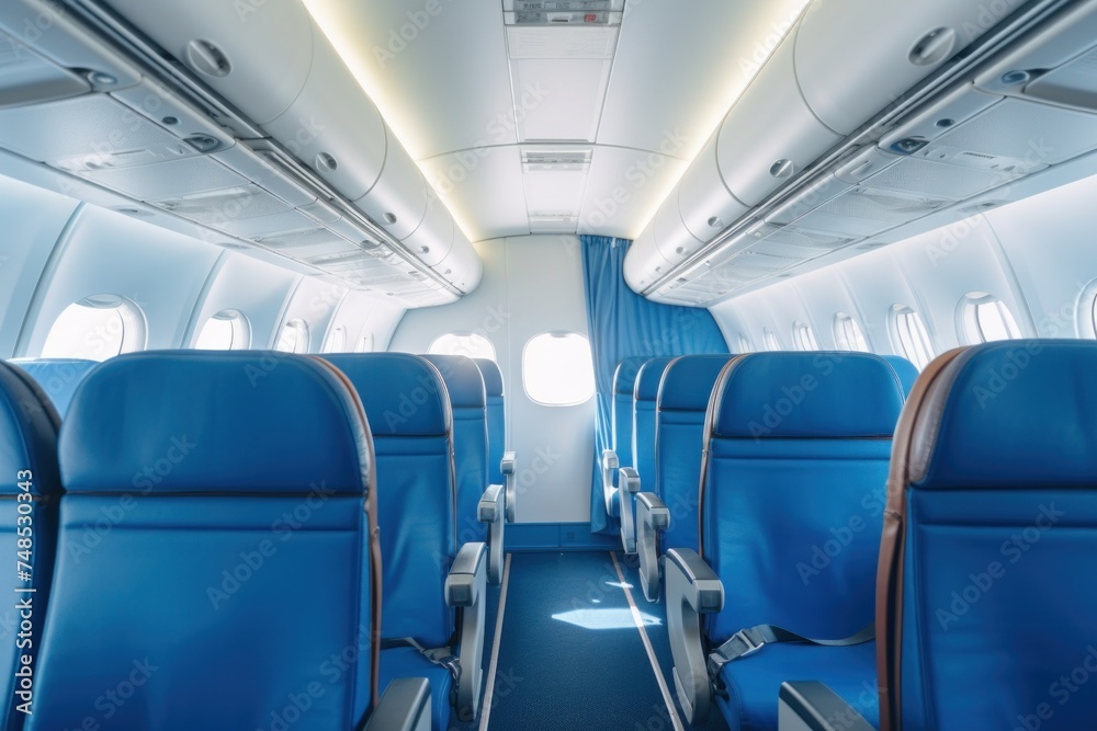Obraz premium Inside the empty cabin of the plane were blue airline seats.