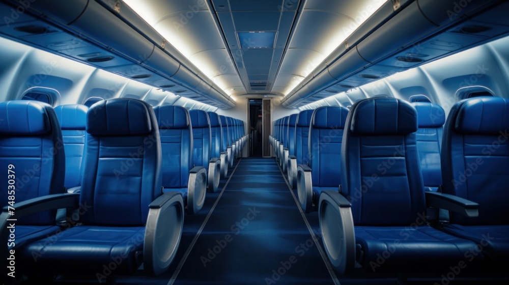 Obraz premium Inside the empty cabin of the plane were blue airline seats.