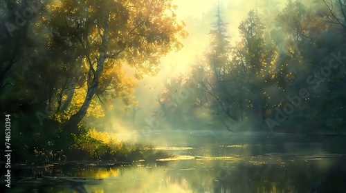 A serene landscape painted with delicate brushstrokes, where the interplay of light and shadow imbues the scene with a sense of both joyous beauty and melancholic longing photo