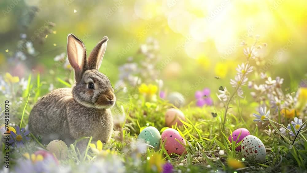 easter bunny with colorful easter egg in grass field with copy space easter bunny with colorful easter egg in grass field with copy space