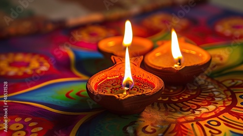 Happy diwali, diya lamp with indian rangoli, traditional indian festive of light