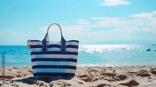 Stripped summer beach bag on the beach sand