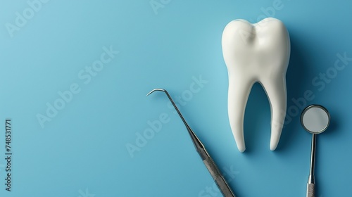 Tooth and dental tools on pastel blue background  dentist treatment  dentist mirror  hook