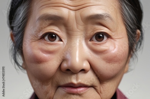 Close-up asian cropped senior woman puffy face over white background photo