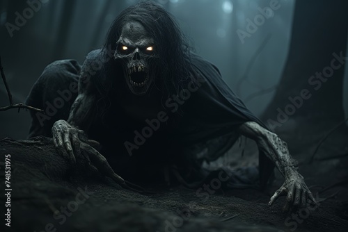 A decrepit female vampire with withered skin and yellowed fangs, of Slavic descent, crouching in the darkness of a desolate forest, her eerie wail echoing through the night