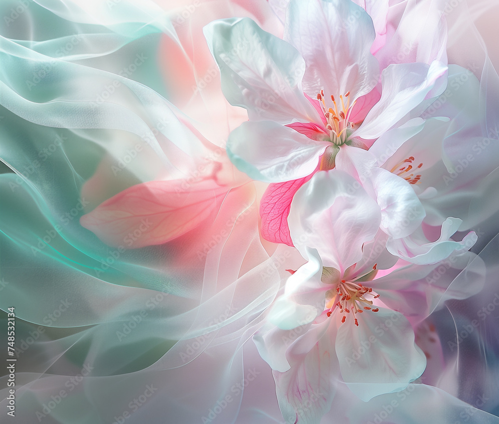Fantastic and dreamy flower background. A azalea blowing gently in the wind. Petals fluttering like a silk dress. Illustration with a dreamy atmosphere. Pastel tones with copy space.