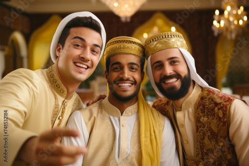
A group of 3 male friends taking a selfie while wearing their finest attire and radiant smiles to commemorate the joyous occasion of Eid al-Fitr. photo