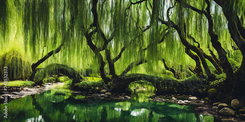 Whispering Willow Grove. Beneath ancient willow trees, their long branches trailing in a silver rive