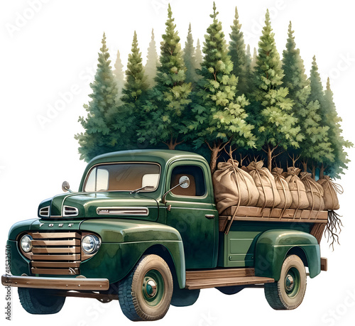 Old Pickup Truck with trees. Isolated on white background.