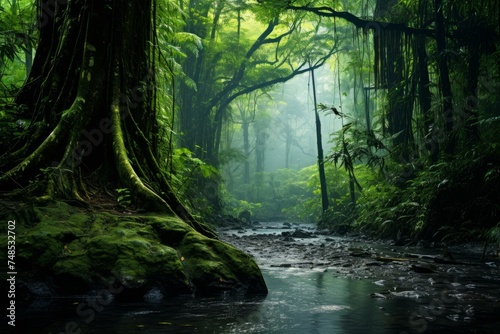Humid Rain forest tropical. Amazon rain. Generate Ai
