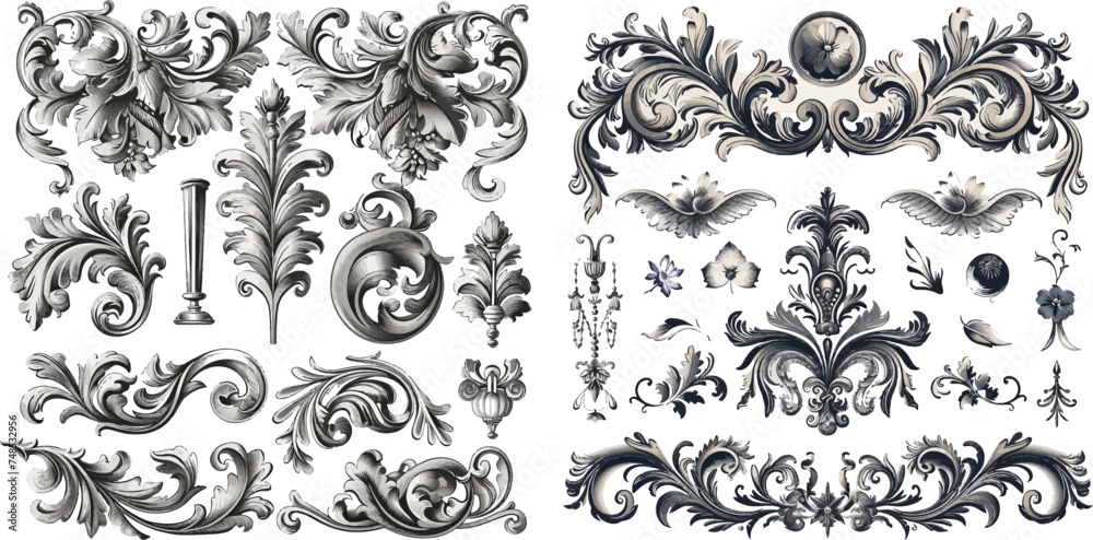 Vintage victorian floral ornament with leaf engraved borders vector set