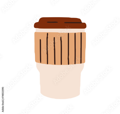Takeaway coffee mug. Takeout paper cup with cuff, covered with lid, cap. Take...