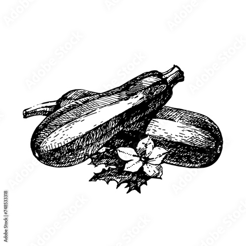 Hand drawn sketch vegetable zuccini. Eco food. Vector vintage black and white illustration (ID: 748533318)