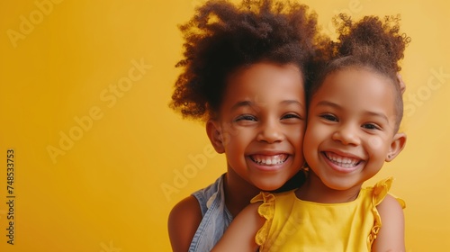 Close up portrait of two cute african american little girls smiling and looking at camera isolated on yellow background. Happy siblings day photo