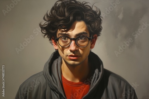 Young tired shaggy and glasses IT specialist on a gray background © Hanna Haradzetska