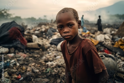 A portrait of a 6-year-old boy, of Haitian descent, surrounded by the detritus of his environment photo