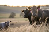 Fat Beef cows grazing on native grasses in a field on a farm practicing regenerative agriculture in Australia. Hereford cattle on pasture. livestock Cows in a field at sunset with golden light.
