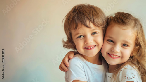 Portrait of a cute little boy and girl smiling at the camera. Happy siblings day photo