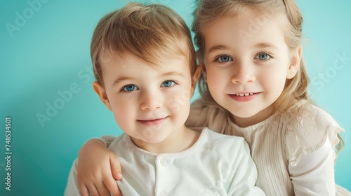 Portrait of a cute little boy and girl on a blue background. Happy siblings day