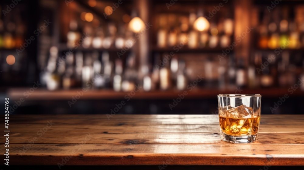 Whiskey glass with ice, soft liquor bar background with wooden table to display your products.