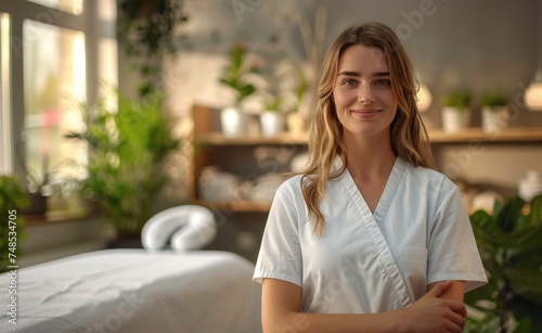 Woman masseuse standing in the next to a clean white massage table n wellness center. Beauty therapist expert in modern spa. Holistic health and elegant esthetician.