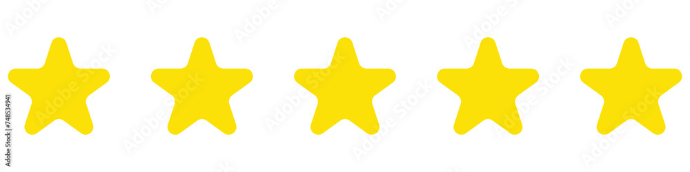 Star icon. Vector yellow isolated five stars. Customer feedback concept. Vector 5 stars rating review. Quality shape design. - obrazy, fototapety, plakaty 