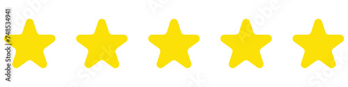 Star icon. Vector yellow isolated five stars. Customer feedback concept. Vector 5 stars rating review. Quality shape design.