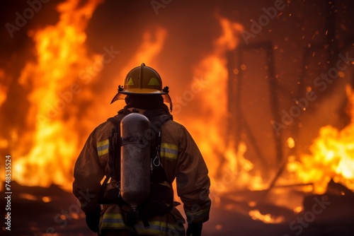 From behind, a male firefighter bravely advances towards billowing smoke and flames, their protective gear illuminated by the fiery glow as they work to contain the blaze